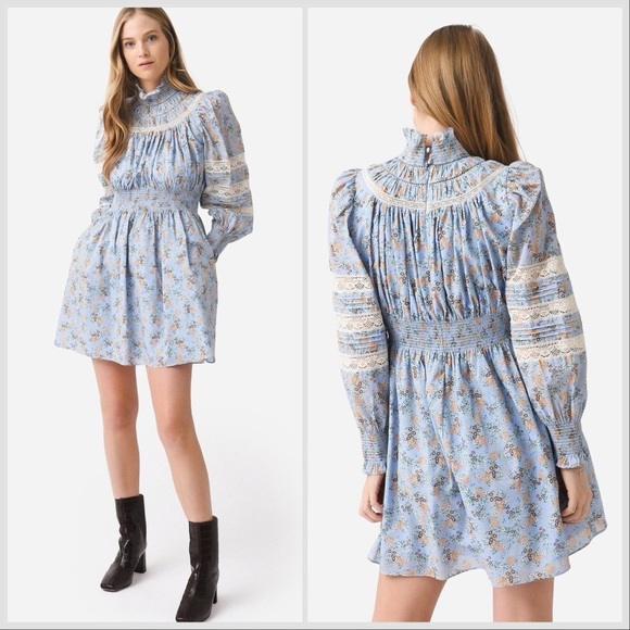 HUNTER BELL Blue Lace Smocked Neck Ryan Dress Ditsy Floral Sz XS - Picture 16 of 16